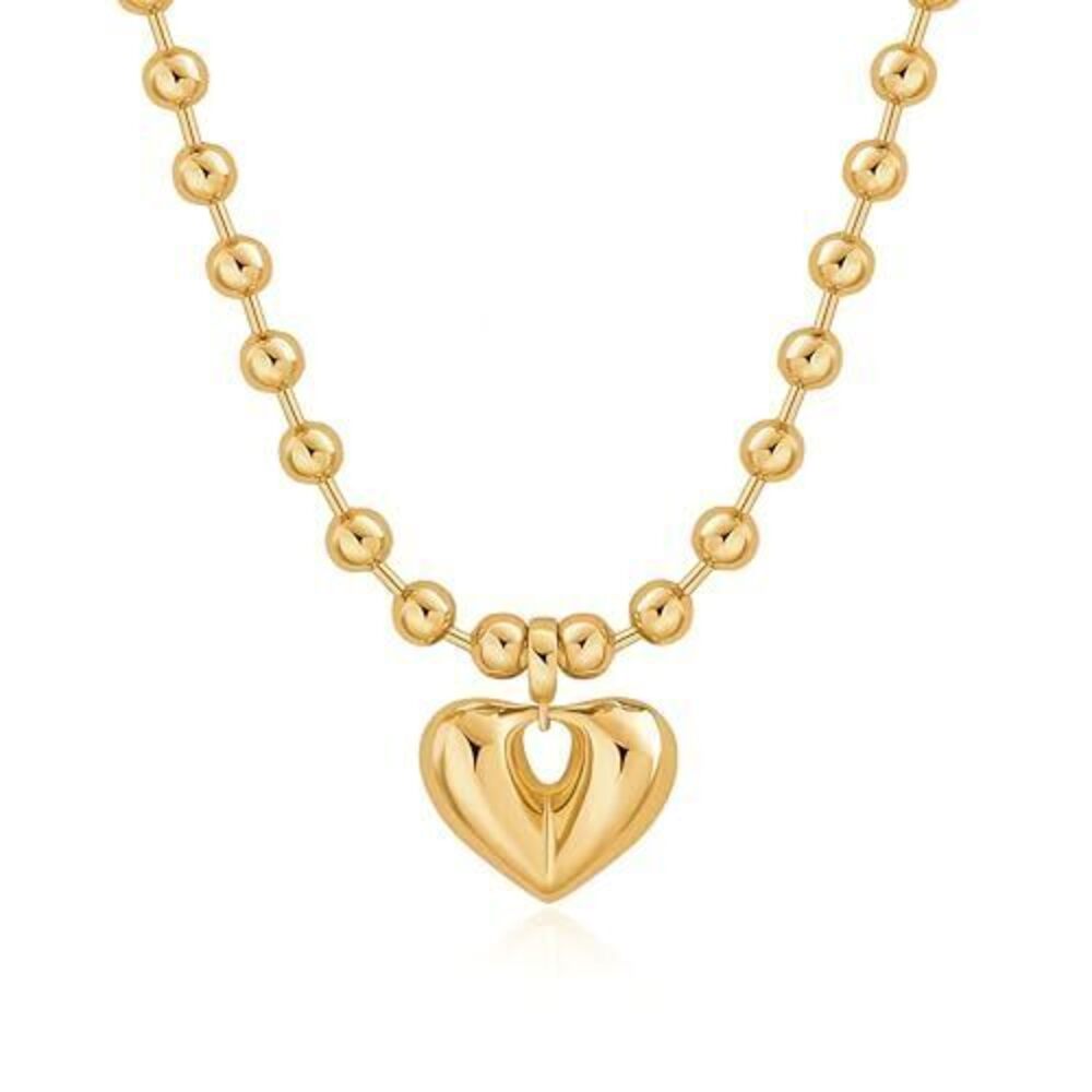 3286 18K Gold Puffy Hollow Heart Pendant Necklace Chunky Ball Chain Choker